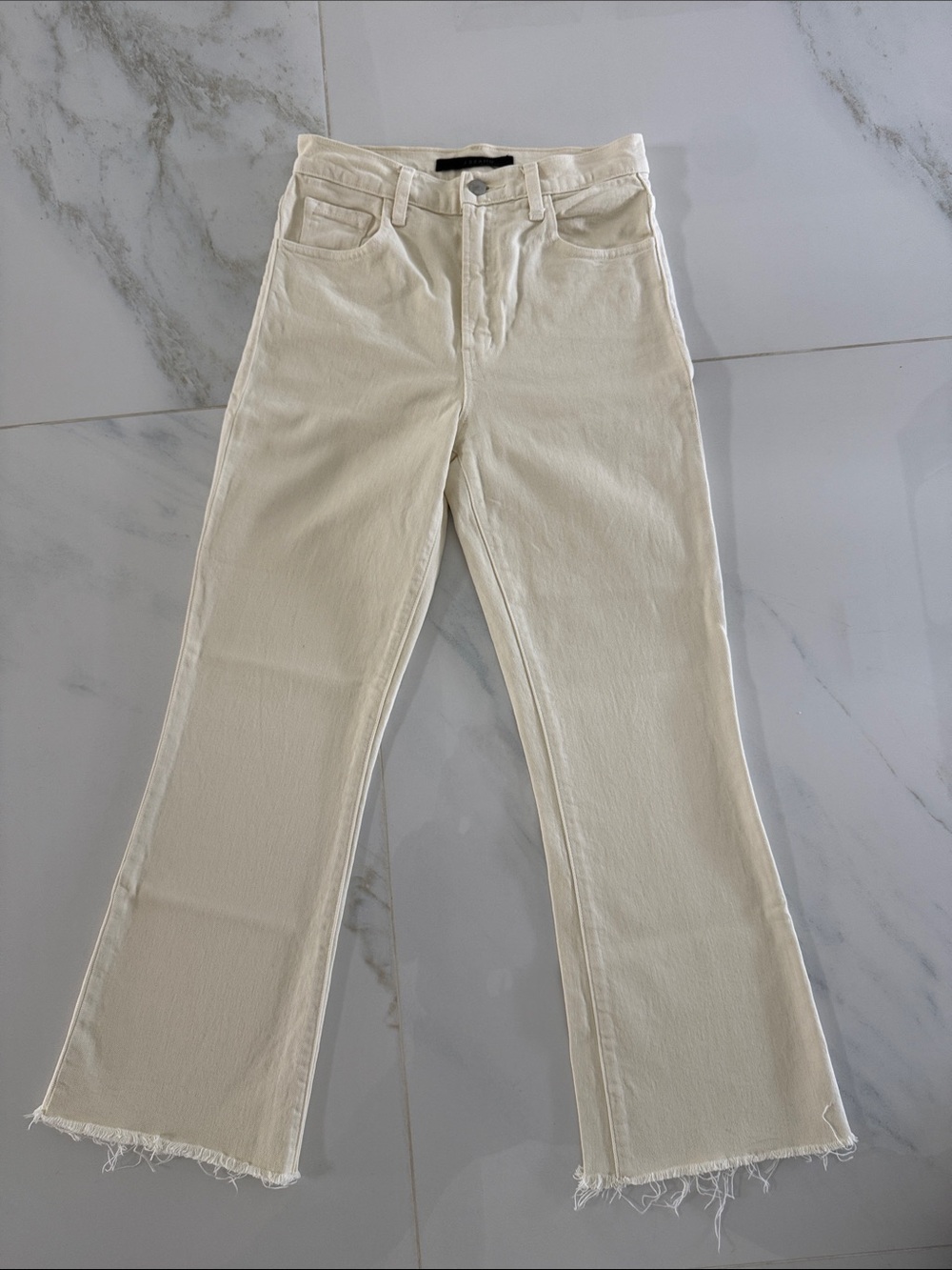J Brand Cream Flared Jeans with Raw Hem